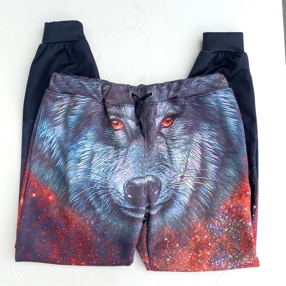 Wolf print JOGGERS men’s sweatpants sweats drawstring galaxy pants streetwear L
